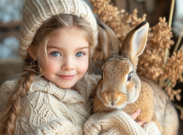 토끼와 함께 귀여운 작은 소녀 부활절 휴가 봄 개념