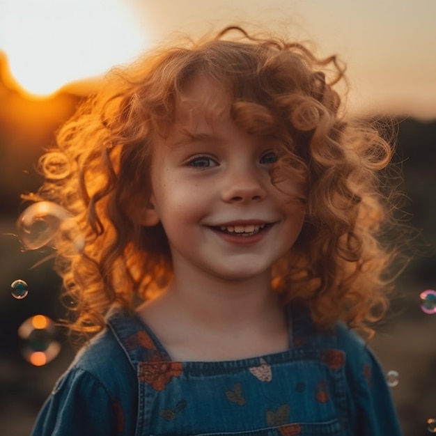 A cute little girl with red curly hair smiles inflates soap bubbles in summer at sunsetAI Generate