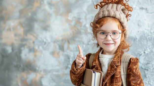 眼鏡をかぶった赤いの可愛い小さな女の子のバックパックが壁のスペースを指さして指を指している