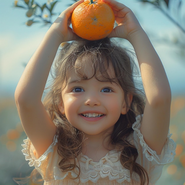 Cute little girl with tangerine in the orchard