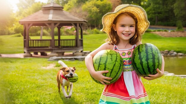 Foto piccola ragazza carina con delle angurie in un parco