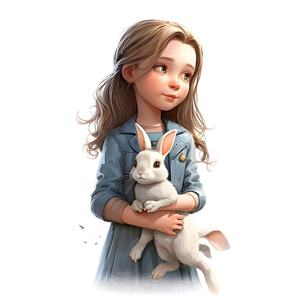 白い背景の白いウサギと可愛い小さな女の子3dイラスト