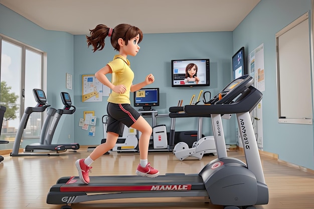 Photo cute little girls running on a treadmill in a gym healthy lifestyle