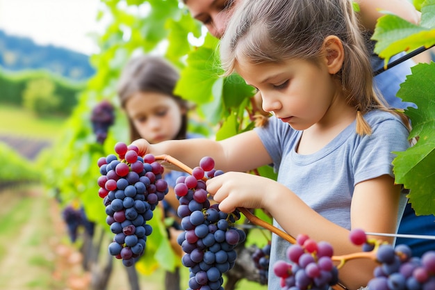 Cute little girls with mother picking grapes in vineyard on sunny summer day