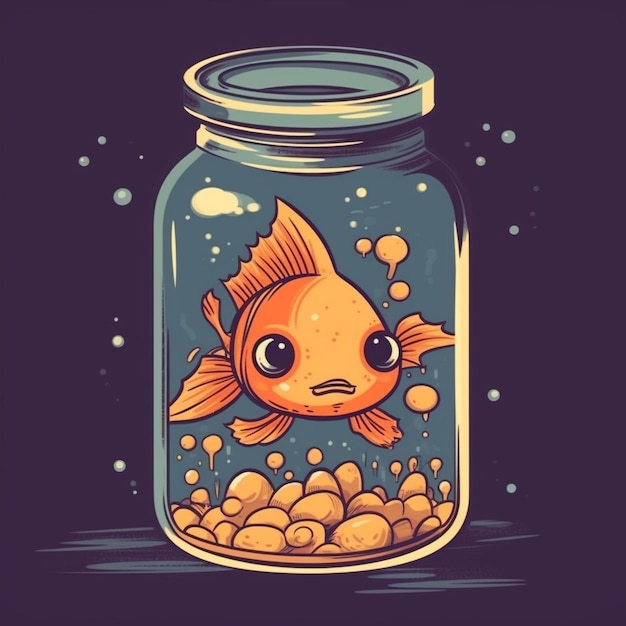 a cute little golden fish in a small jar fish tank