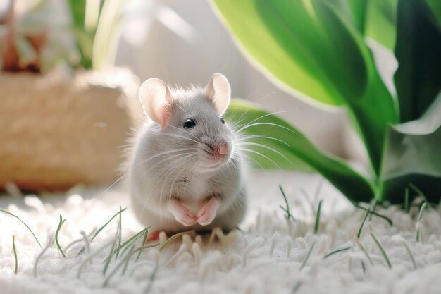 Cute little gray rat on the background of green plants in the room