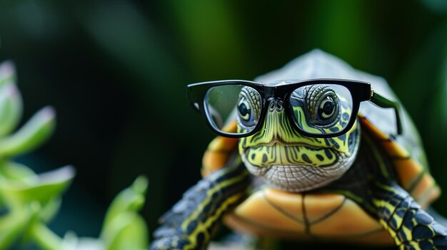 Cute little green turtle with glasses AI Generative