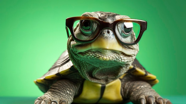 Photo a cute little green turtle with glasses generate ai