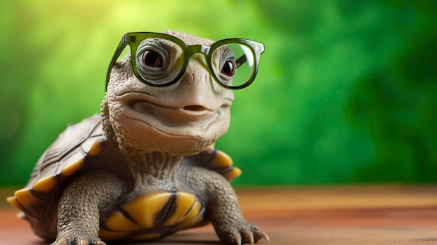 Photo a cute little green turtle with glasses generate ai