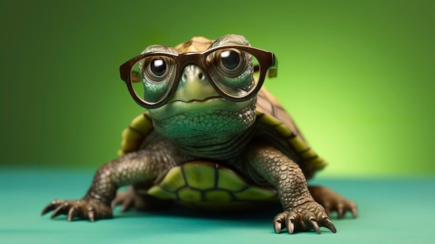 안경을 쓴 귀여운 작은 초록색 거북이