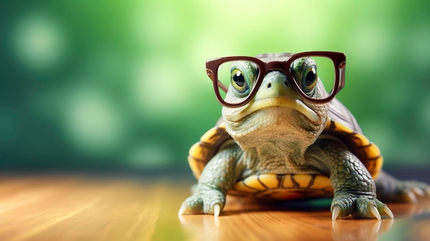 Photo a cute little green turtle with glasses generate ai