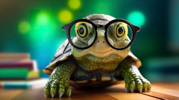 A cute little green turtle with glasses Generate Ai