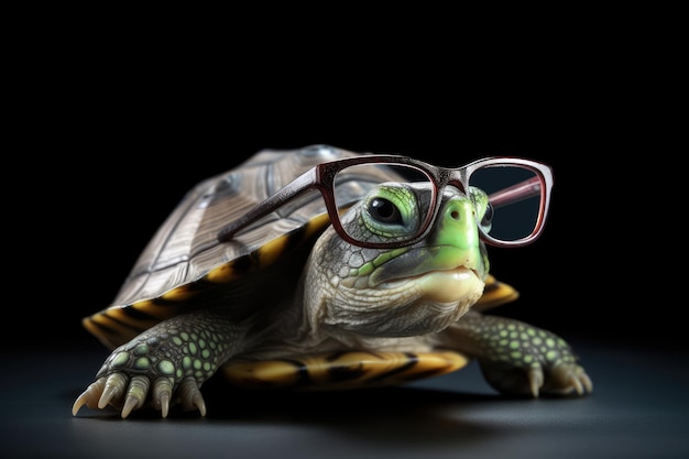 Cute little green turtle with glasses generative AI