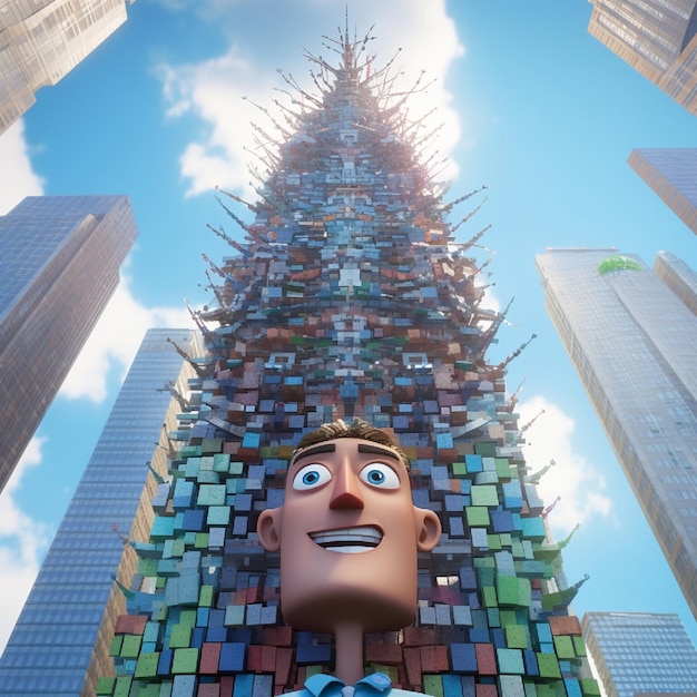 アニメーションで超高層ビルの周りにいるかわいい小さな男