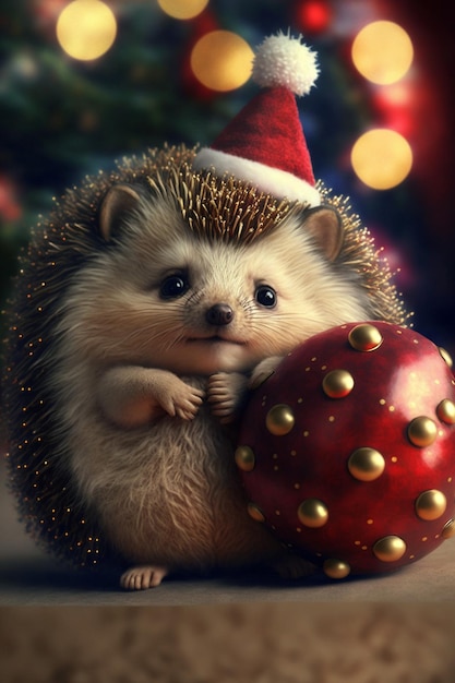 Photo a cute little hedgehog in a santa hat
