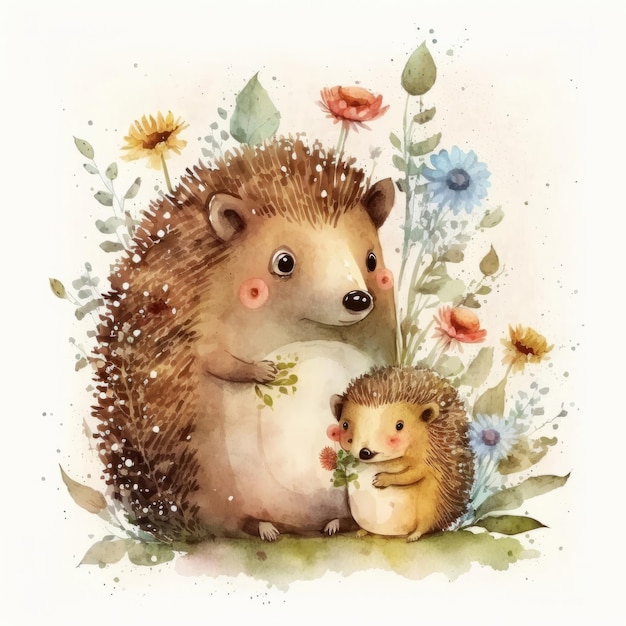 Cute little hedgehog with mom Watercolor painting Illustration AI GenerativexA