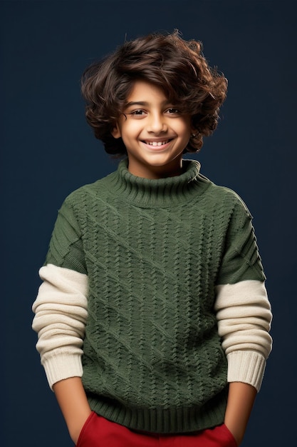 cute little Indian boy wears sweater in winter looking at camera