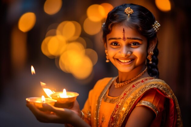 Cute little indianasian girl in traditional wear holding a diya or Terracotta oil lamp on Diwali fe