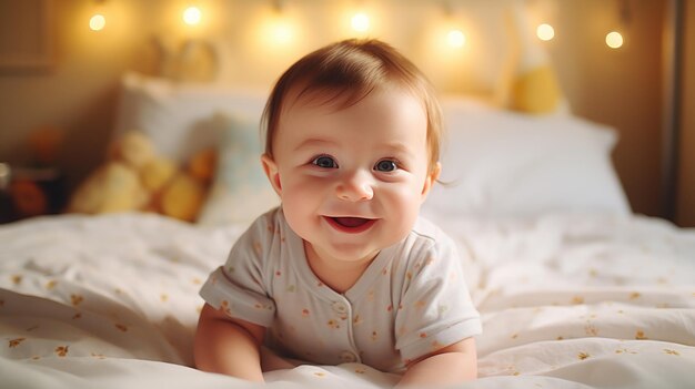 Cute little infant sitting on bed