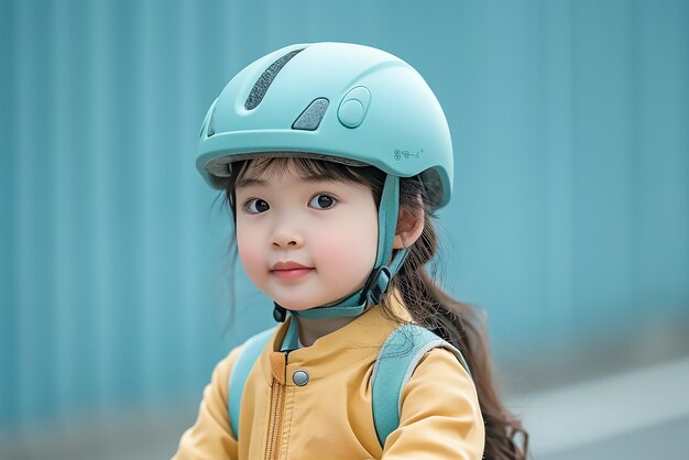 Photo cute little kid on bicycle isolated pastel background