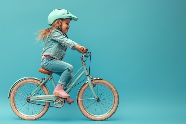 Cute little kid on bicycle isolated pastel background