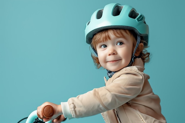 Cute little kid on bicycle isolated pastel background