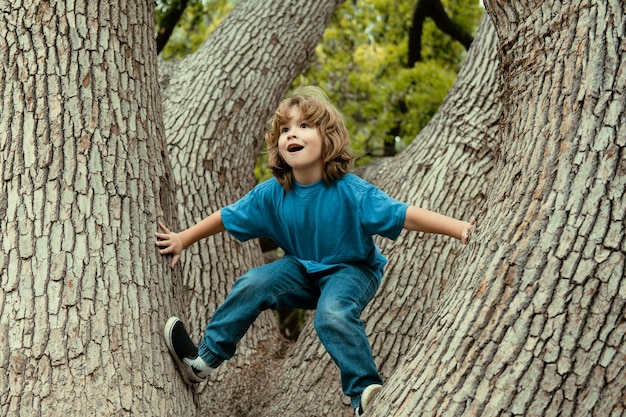 Cute little kid boy enjoying climbing on tree on summer day cute child learning to climb having fun