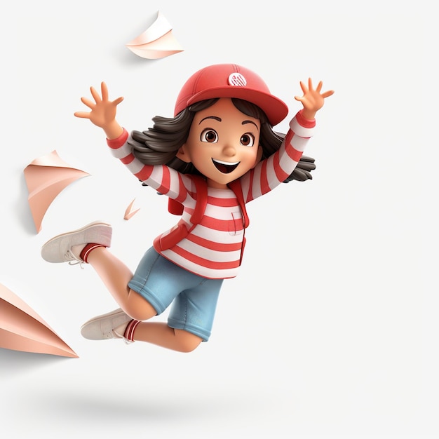 Cute little kid girl celebrating pose Joyful paper 3D cartoon girl kid jumping Ai Generated