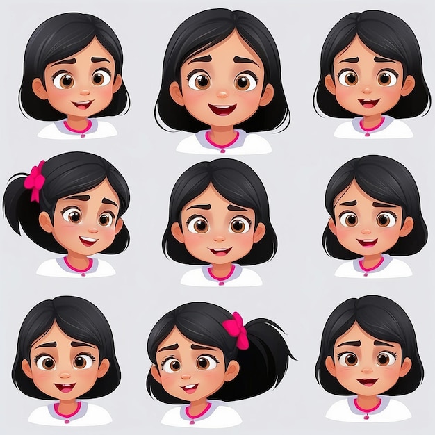 Cute little kid girl in various expressions and gesture set
