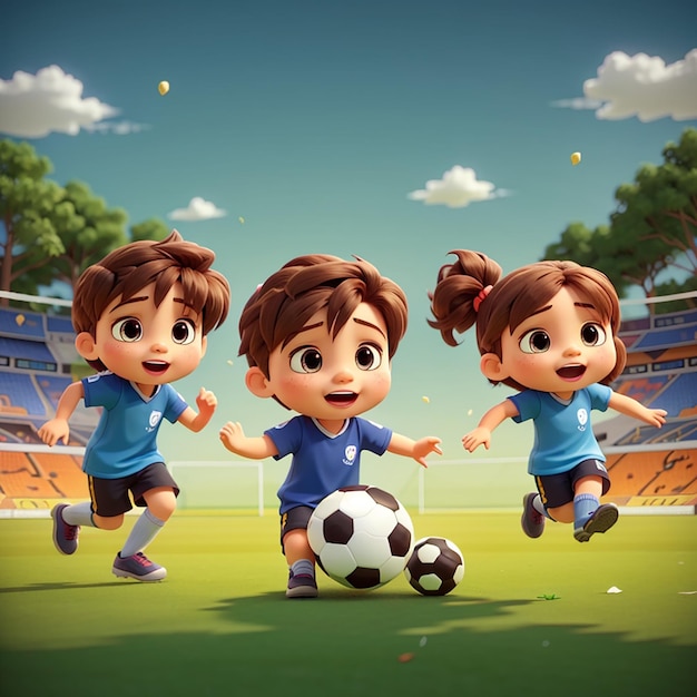 Cute little kids cartoon playing soccer