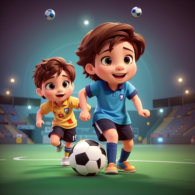 Cute little kids cartoon playing soccer