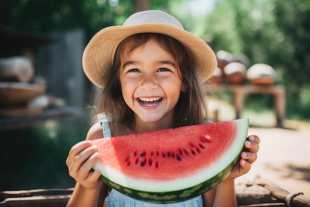 a cute little kids eating watermelon on a farm