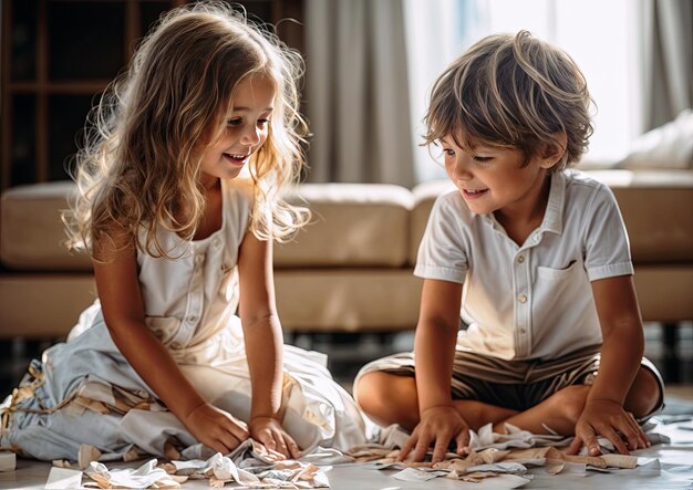 cute little kids playing with origami in living room at home