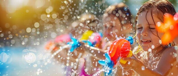 Foto piccoli bambini carini che giocano con pistole ad acqua in una calda giornata estiva con un grande spazio e una vista piena di luce naturale per la pubblicità di testo o di prodotti ai generativa