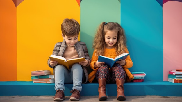 Cute little kids reading book in front of colofrull wall Created with Generative AI technology