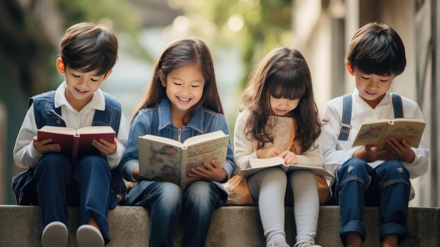 제너레이티브 AI 기술로 만든 계단에 앉아 책을 읽는 귀여운 꼬마들