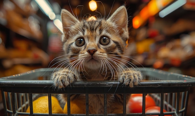 Cute little kitten in basket at the supermarket