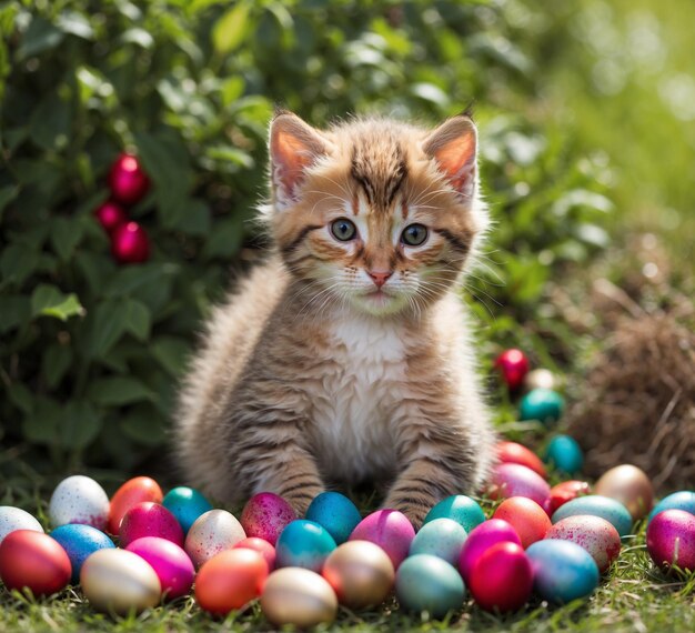 Cute little kitten and colorful easter eggs on green grass