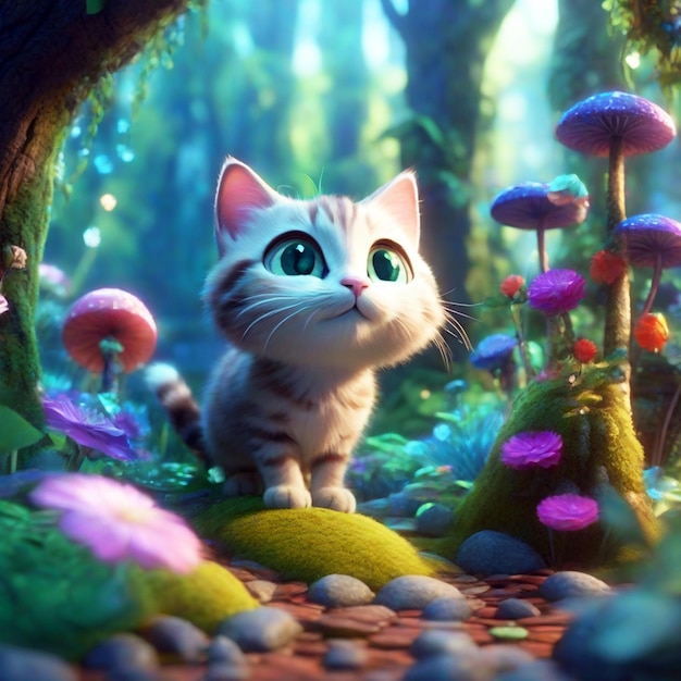 Cute little kitten in a fantasy forest