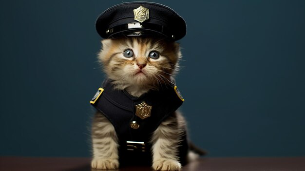 Cute little kitten in the form of a police officer with a cap