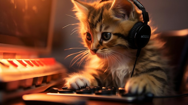 Cute little kitten in headphones playing on computer keyboard at home