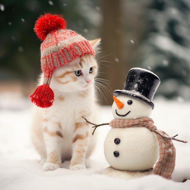 Cute little kitten in a red hat and snowman in the snow