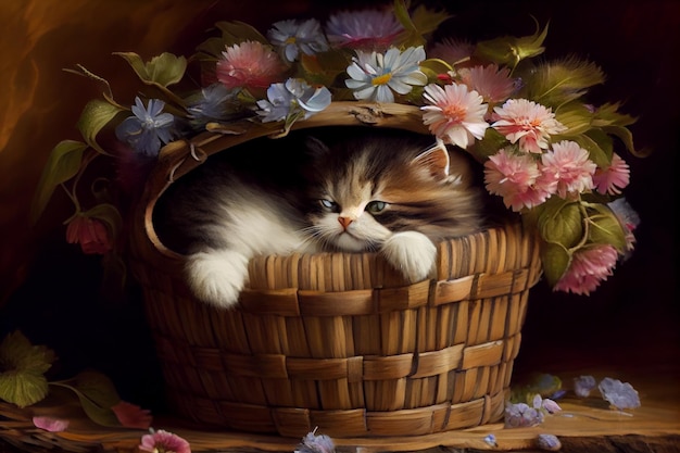 Photo cute little kitten sits in a basket of flowers ai generated