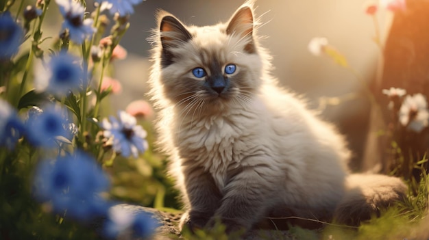귀여운 작은 새끼 고양이가 여름 정원에 앉아 있다