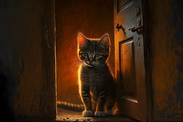 Cute little kitten sitting in doorway in dark room