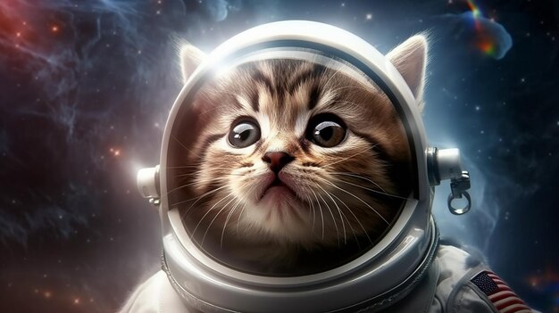 Cute little kitten in space suit and helmet Space travel concept