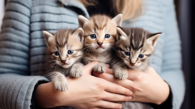 Cute little kittens in the hands of a woman Selective focus Generative AI