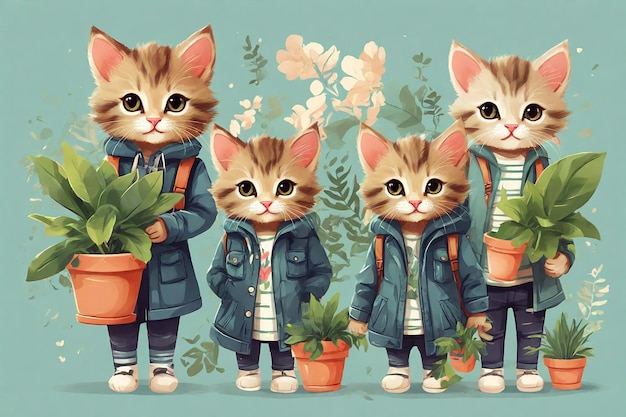 Cute little kittens in school uniform and backpacks with plants Vector illustration