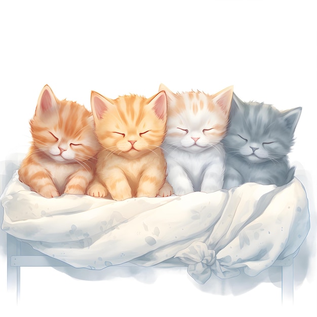 Cute little kittens sleeping on a white sheet AI Generative