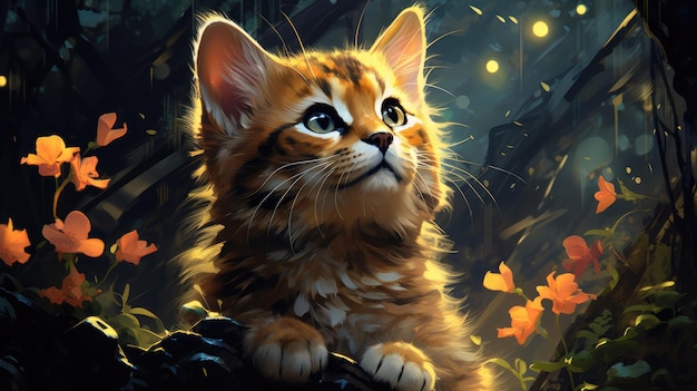 a cute little kitty in the night forest